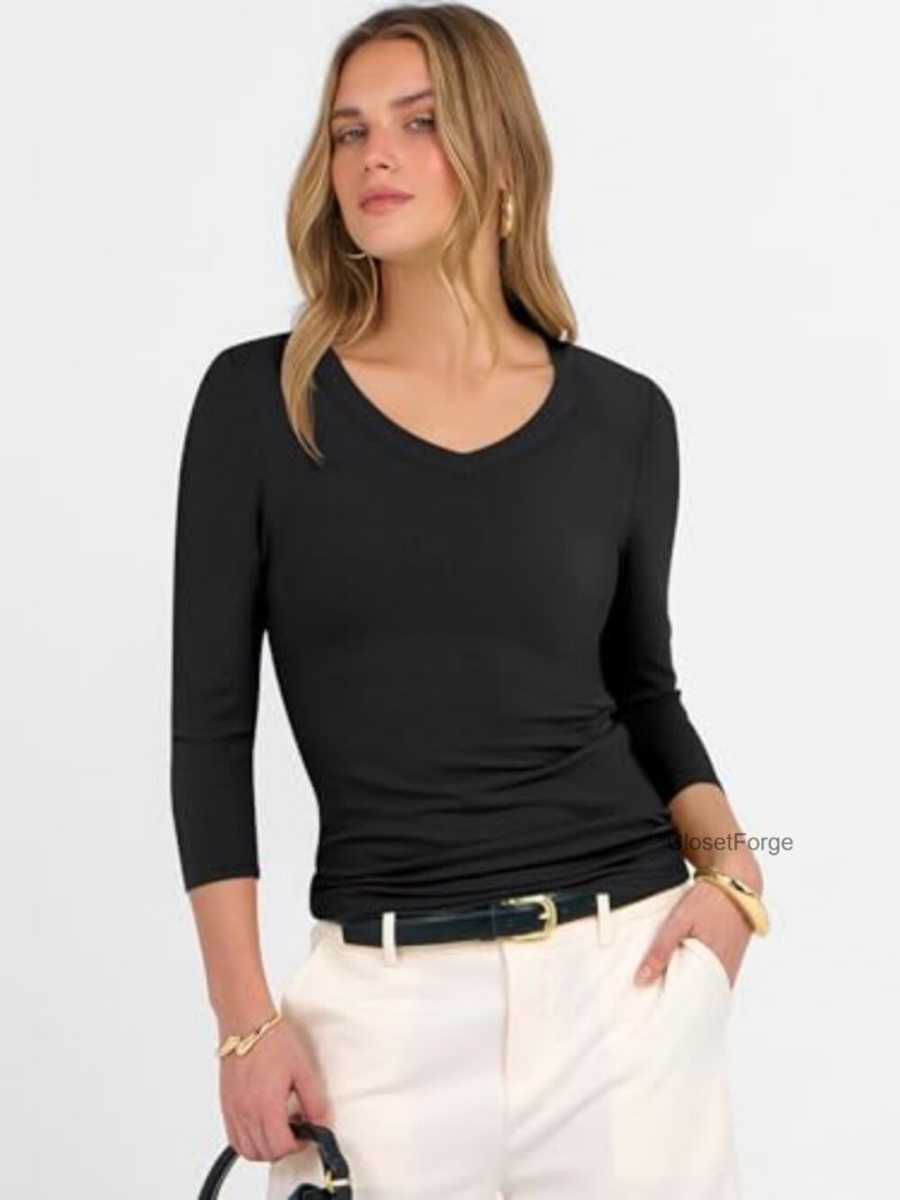 3/4 Length Sleeve Ribbed Knit V Neck Slim Fit T-Shirt - Picture 2 of 7